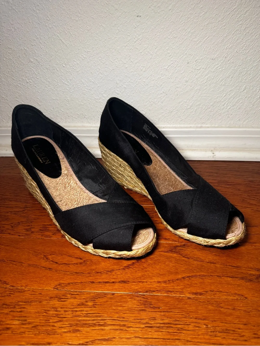 Lauren Ralph Lauren | Women’s Cecilia Black Espadrille Wedge Peep-Toe Size 10B
